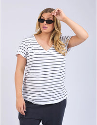 Pima V Tee White/Navy Stripe