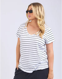 Pima V Tee White/Navy Stripe