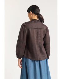 Person wearing a brown jacket and blue skirt on a white background