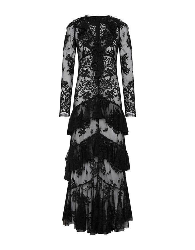 Black lace dress with long sleeves on a white background