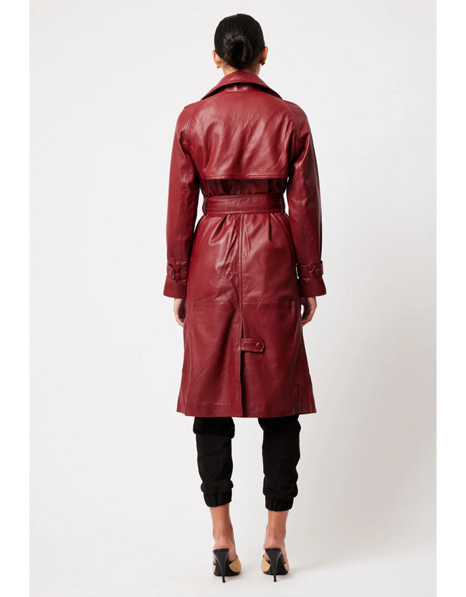 Astra Reglan Sleeve Leather Trench Coat Scarlet