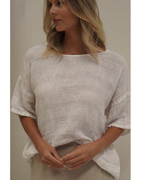 Barbara Stonewash Linen Top White Combo
