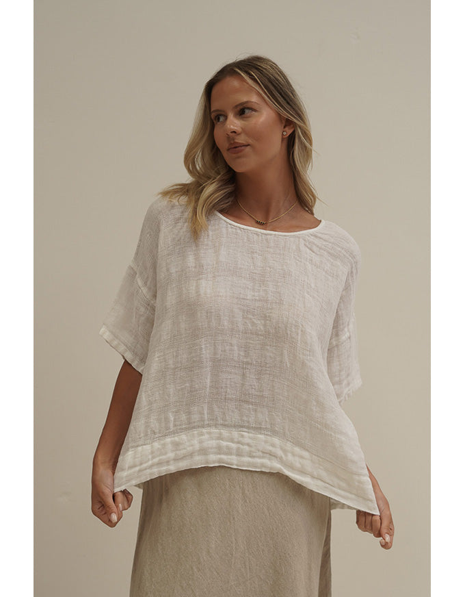 Barbara Stonewash Linen Top White Combo