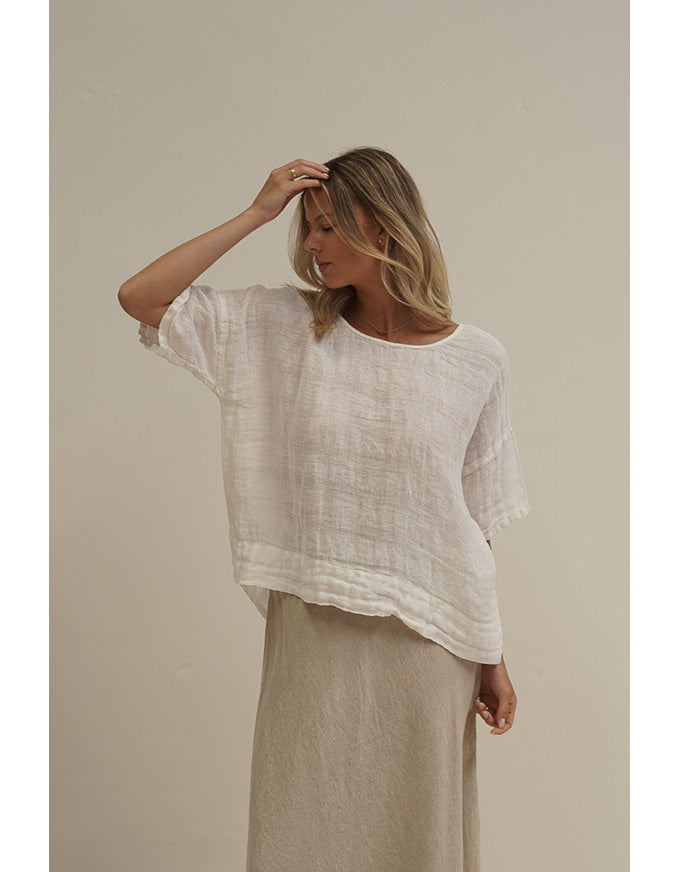 Barbara Stonewash Linen Top White Combo