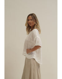 Barbara Stonewash Linen Top White Combo