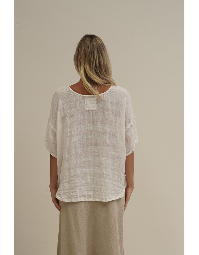 Barbara Stonewash Linen Top White Combo