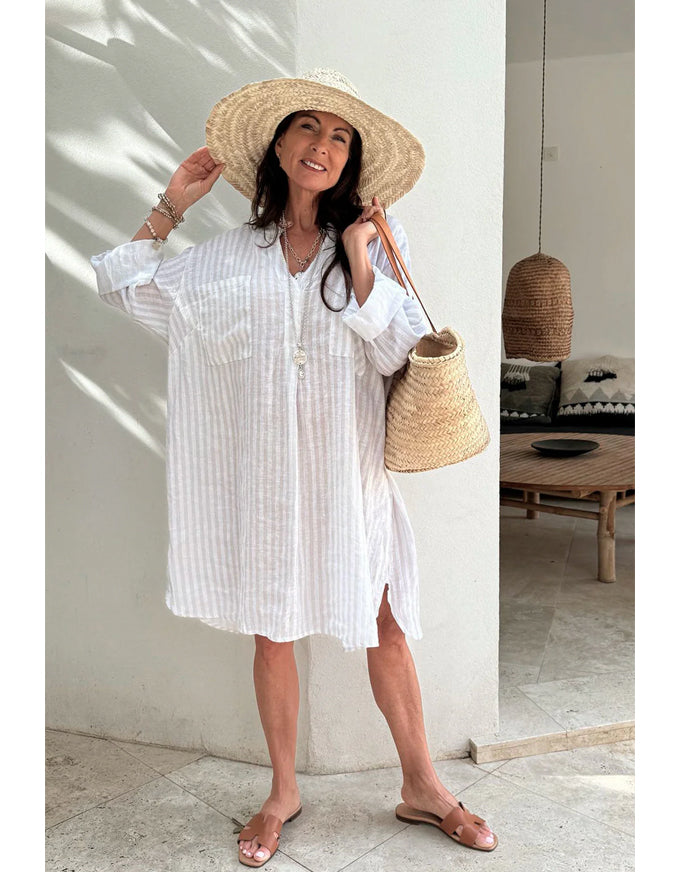 Belmont Kaftan Dress Beige Stripes