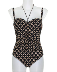 Black/Tan Print Ruched One Piece