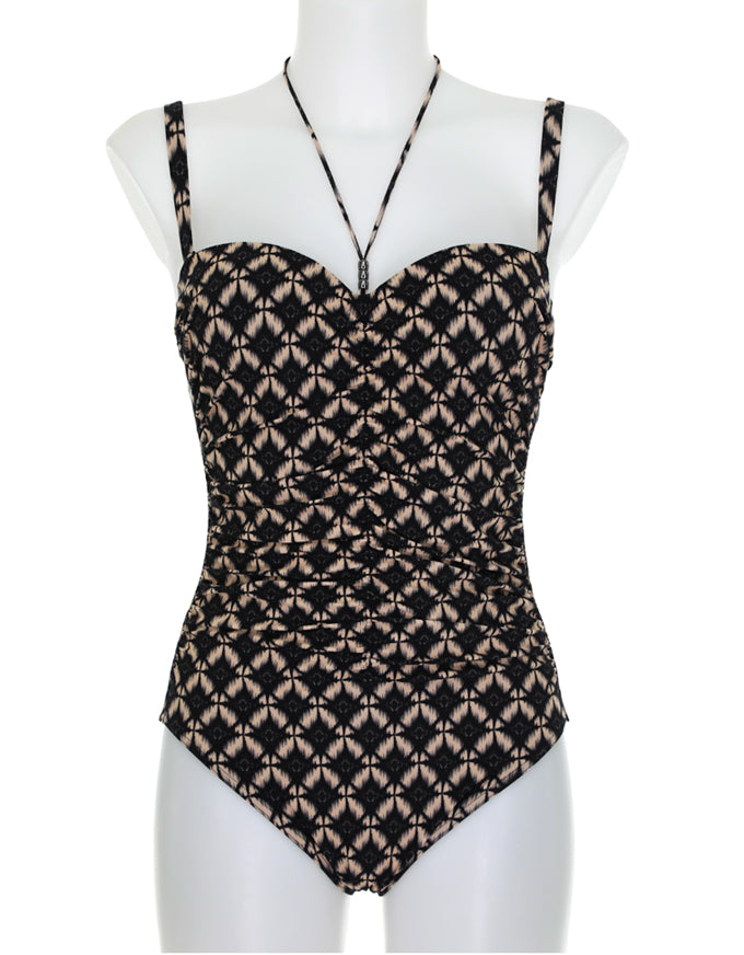 Black/Tan Print Ruched One Piece