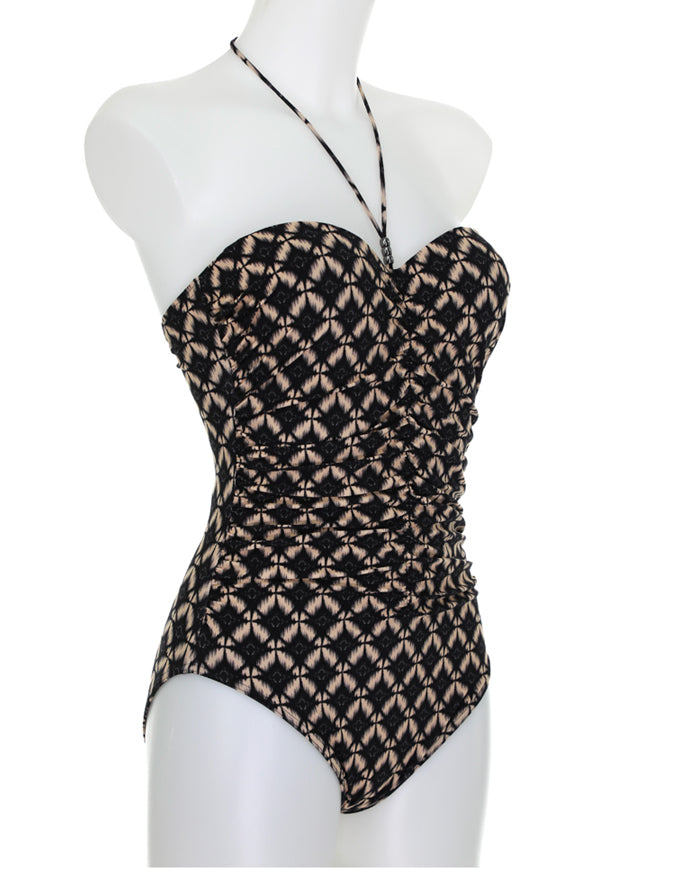 Black/Tan Print Ruched One Piece