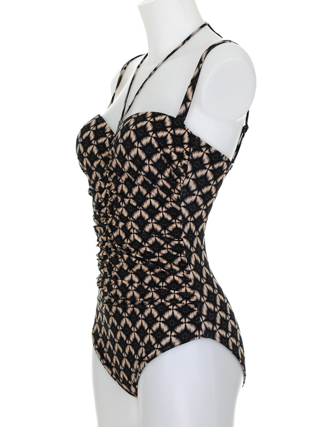 Black/Tan Print Ruched One Piece