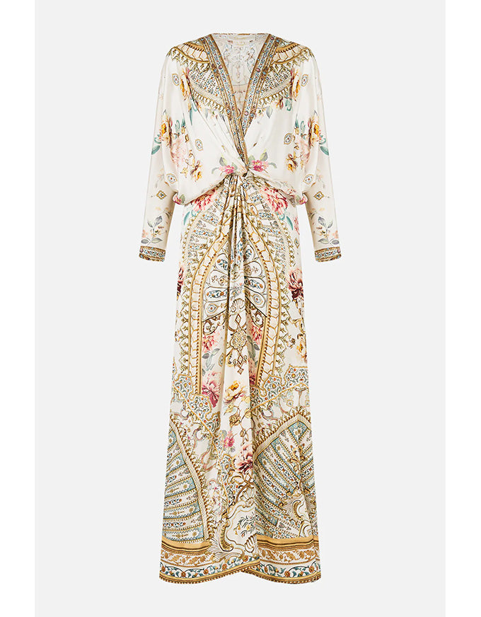 Elegant dress with intricate pattern on a white background. Ottoman Dynasty Twist Front Batwing Dress