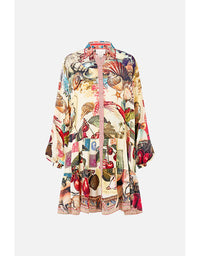 Colorful kimono-style garment with nature-themed print on a white background. Notes From The Road L/S Tiered Short Dress