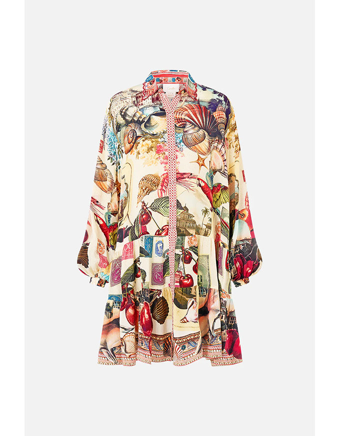 Colorful kimono-style garment with nature-themed print on a white background. Notes From The Road L/S Tiered Short Dress