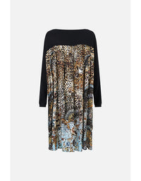 Black dress with a multicolored pattern on a white background