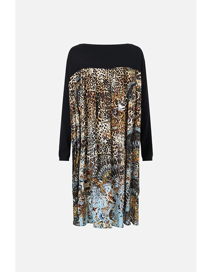 Black dress with a multicolored pattern on a white background