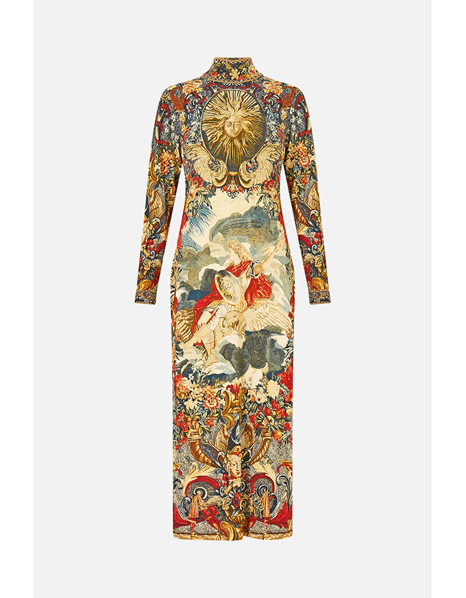 Colorful dress with intricate patterns on a white background