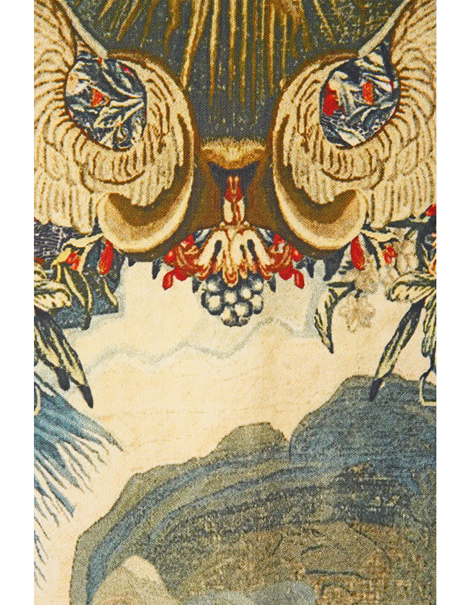 Decorative tapestry with intricate patterns and colors, featuring birds and floral elements.