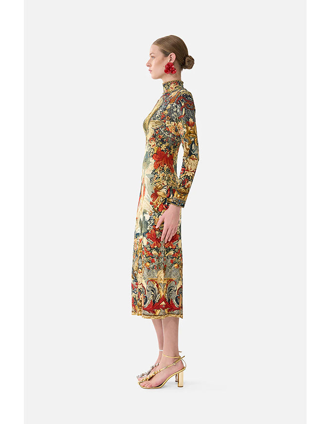 Woman wearing a floral dress on a white background