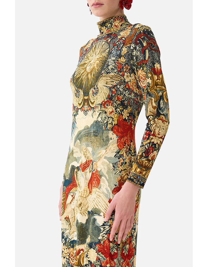 Long-sleeve dress with intricate pattern on a white background