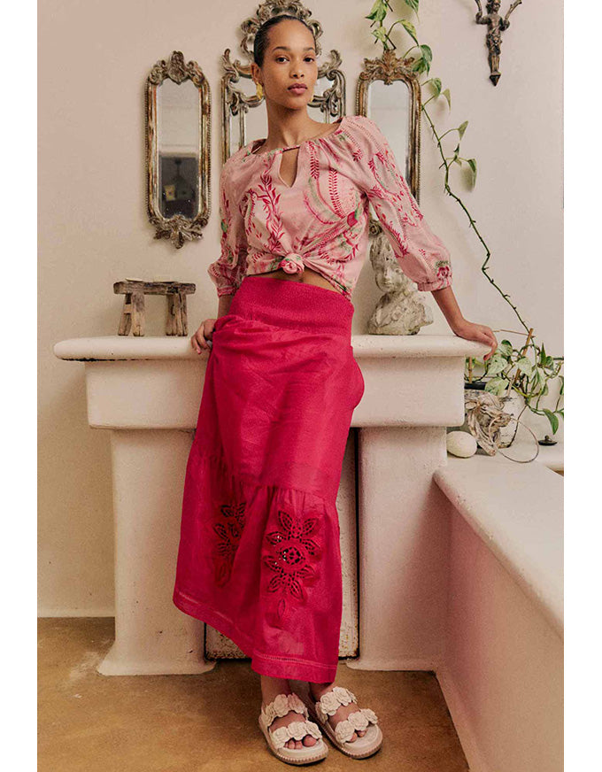 Cordelia Shirred Silk Cotton Skirt Ruby