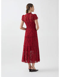 Woman wearing a red lace dress on a white background