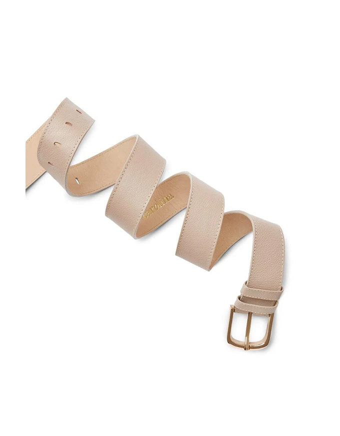Beige belt with a gold buckle on a white background