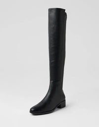 Black knee-high boot on a light gray background