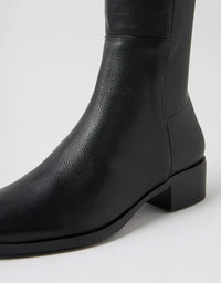 Black leather knee-high boot on a white background