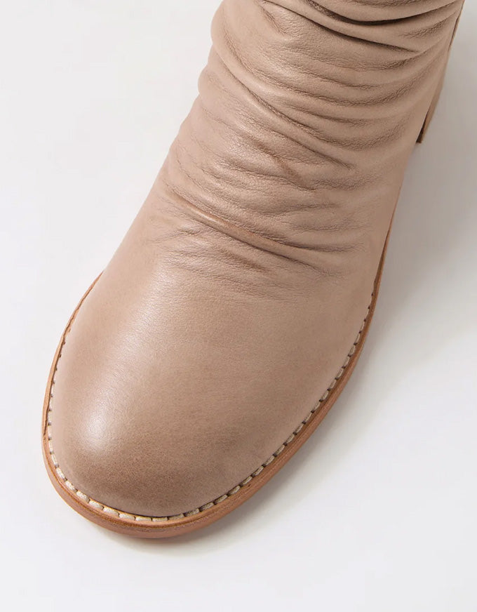 Close-up of a beige boot on a white background
