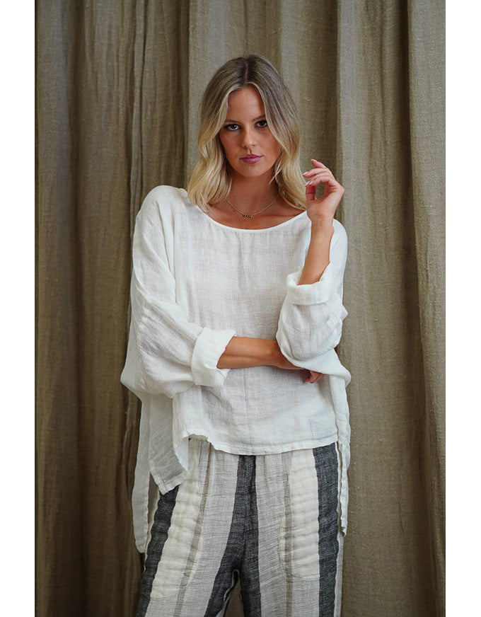 Valentina Stonewash Linen Top White Combo