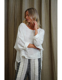 Valentina Stonewash Linen Top White Combo