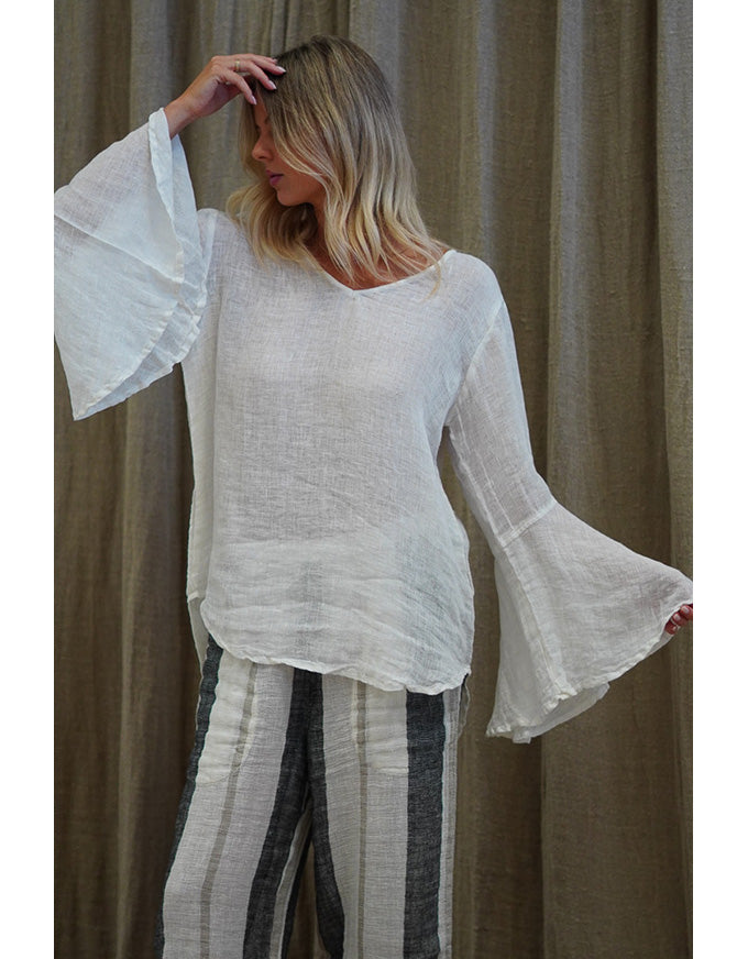 Adele Bell Sleeve Linen Top Ivory