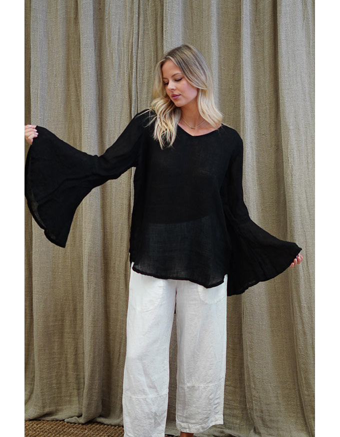 Adele Bell Sleeve Linen Top Black
