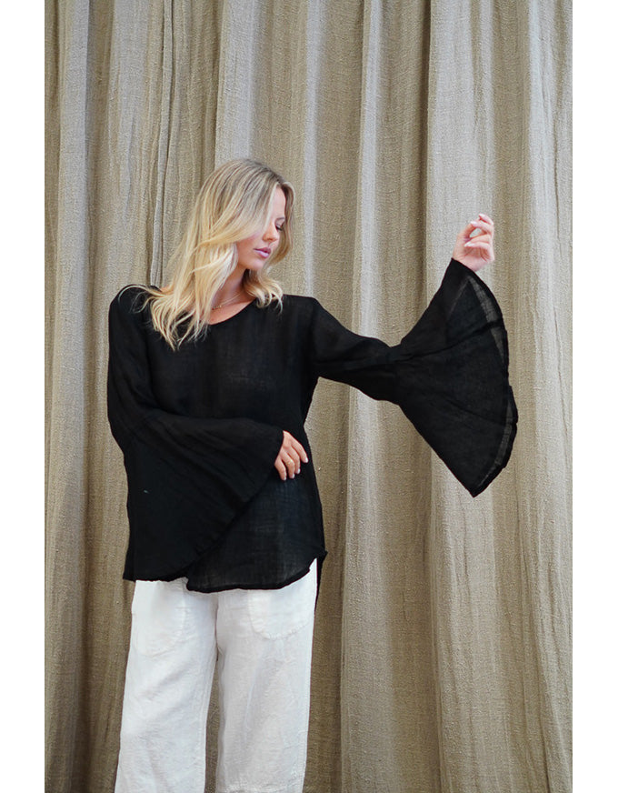 Adele Bell Sleeve Linen Top Black