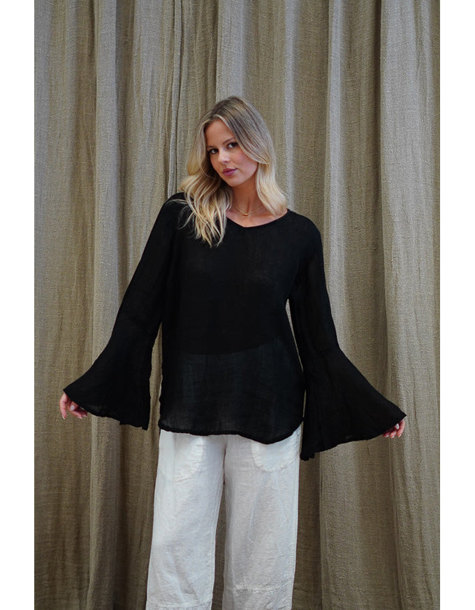 Adele Bell Sleeve Linen Top Black