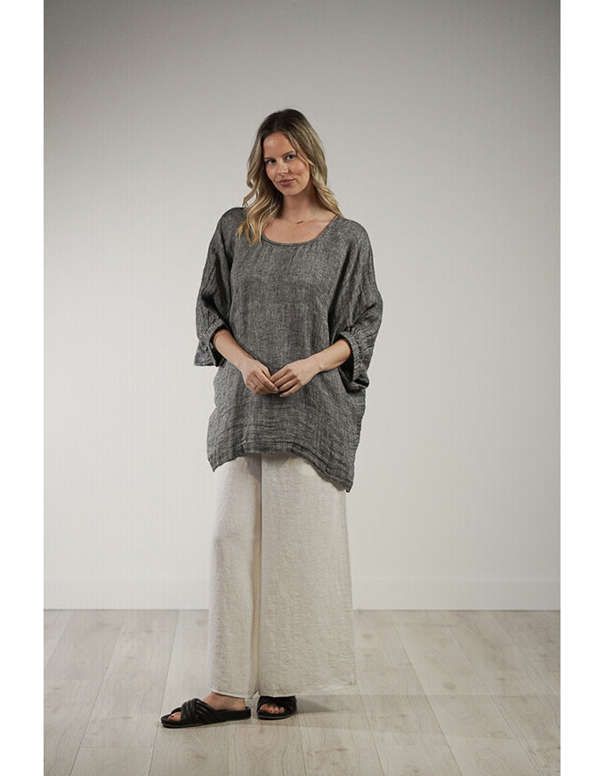 Rosetta Stonewash Linen Top Black/White