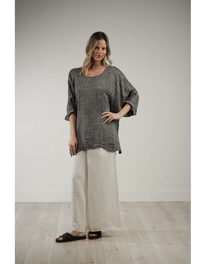 Rosetta Stonewash Linen Top Black/White