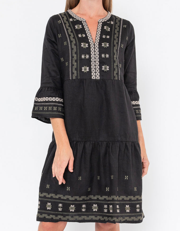Embroidered Linen Dress Black