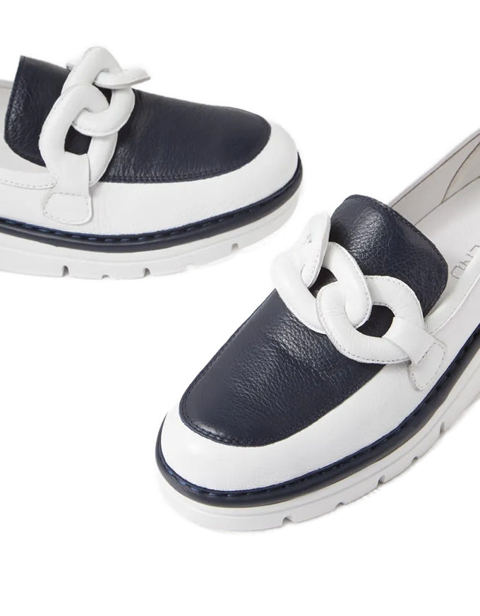 Erora White Navy Leather Loafers by Top End
