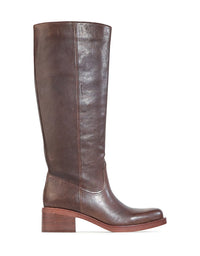Brown knee-high boot on a white background