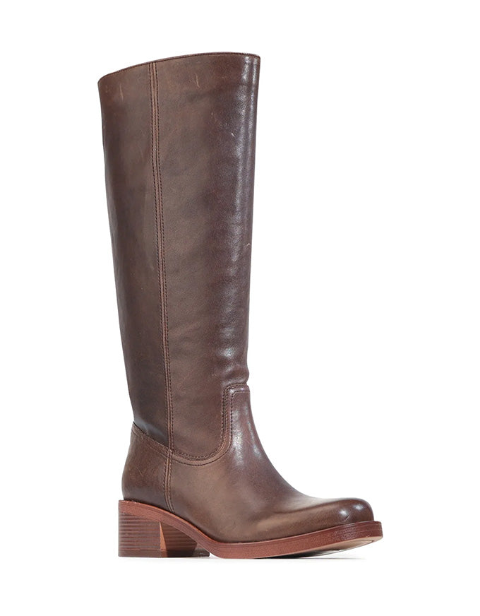 Brown leather knee-high boot on a white background