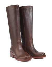 Pair of brown knee-high boots on a white background