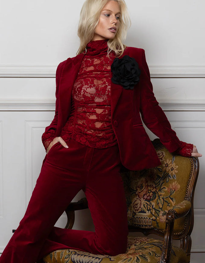 The Geo Floral Lace Ruched Top in Raspberry, from Joey The Label.