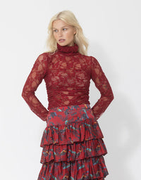The Geo Floral Lace Ruched Top in Raspberry, from Joey The Label.