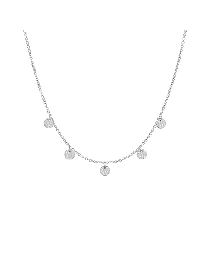 Silver necklace with small round pendants on a white background