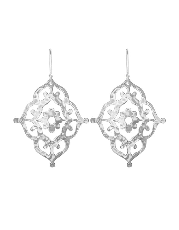 Pair of silver earrings with intricate designs on a white background