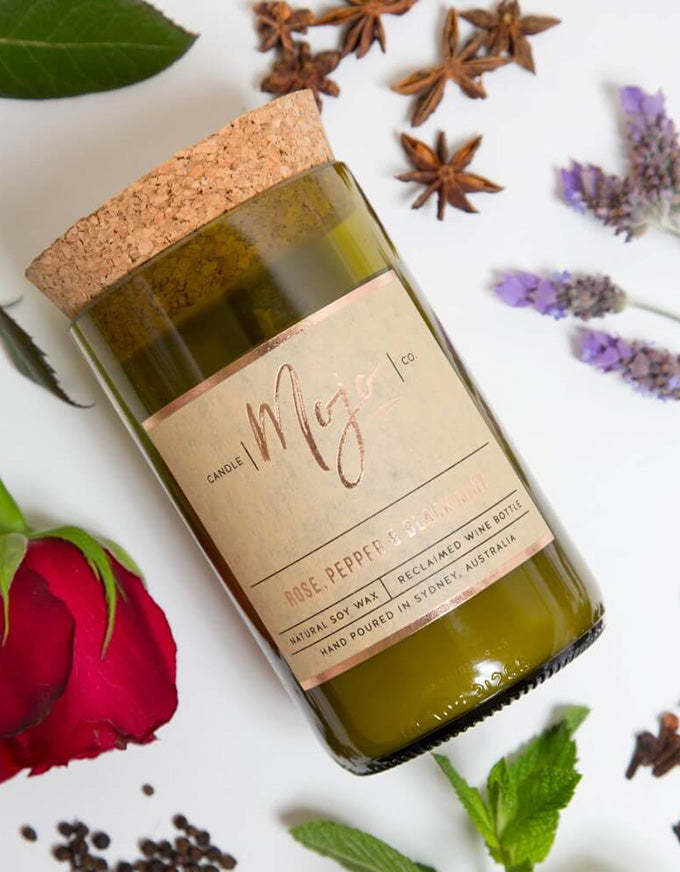 Wine Bottle Candle Rose, Pepper & Black Mint