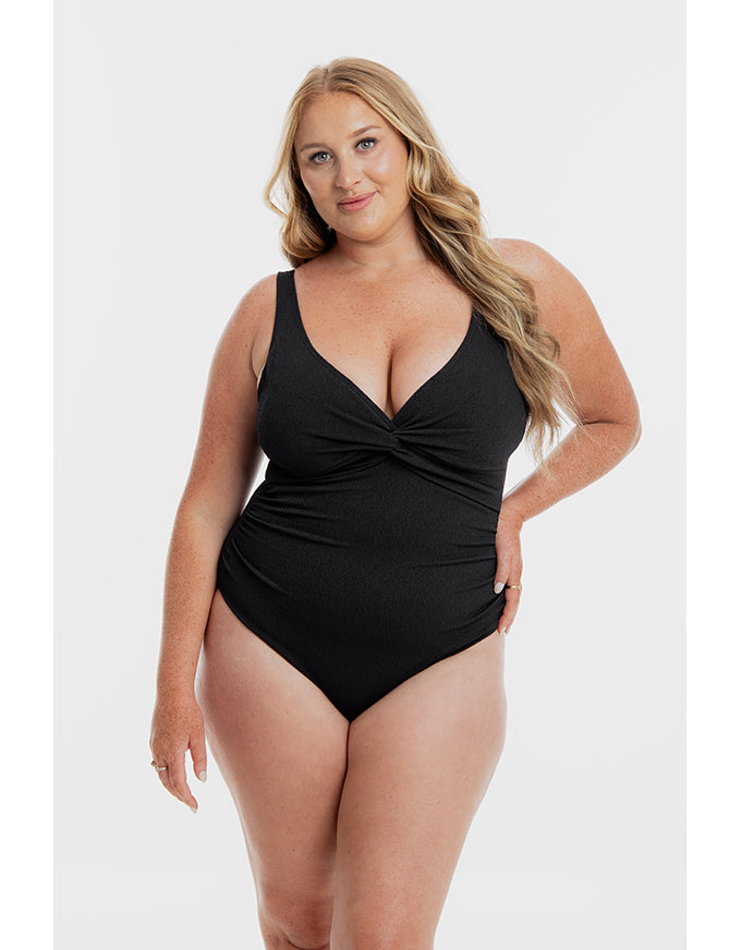 Black Pebbled Textured Twist One Piece