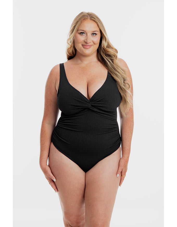 Black Pebbled Textured Twist One Piece